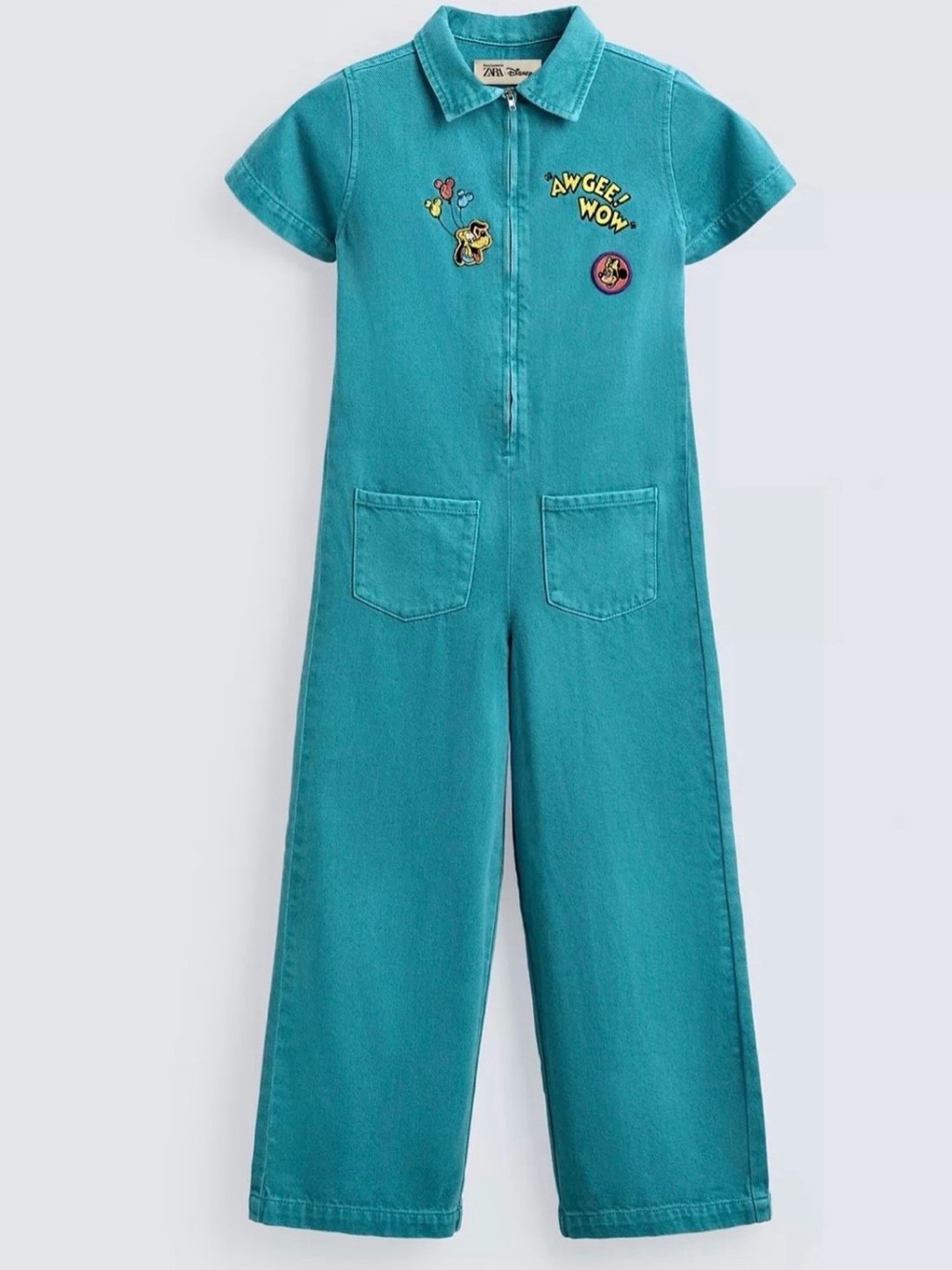 Zara Teal Wide-Leg Jumpsuit with Playful Disney Embroidered Patches